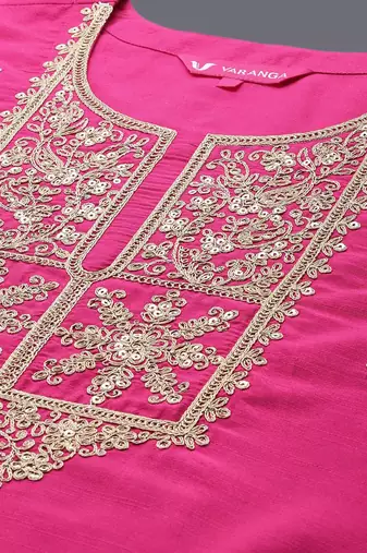 Round Neck Floral Embroidered Regular Straight Kurta with Trousers & With Dupatta