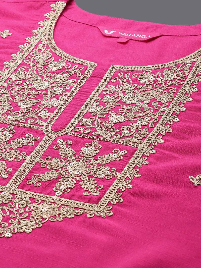 Round Neck Floral Embroidered Regular Straight Kurta with Trousers & With Dupatta