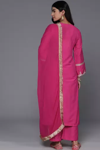 Round Neck Floral Embroidered Regular Straight Kurta with Trousers & With Dupatta
