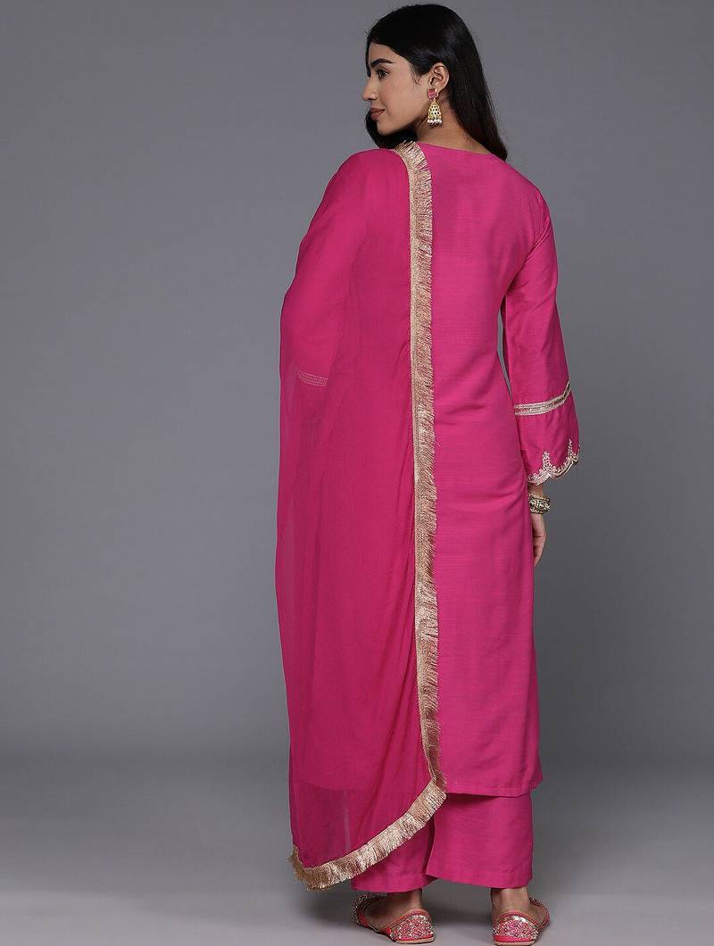 Round Neck Floral Embroidered Regular Straight Kurta with Trousers & With Dupatta