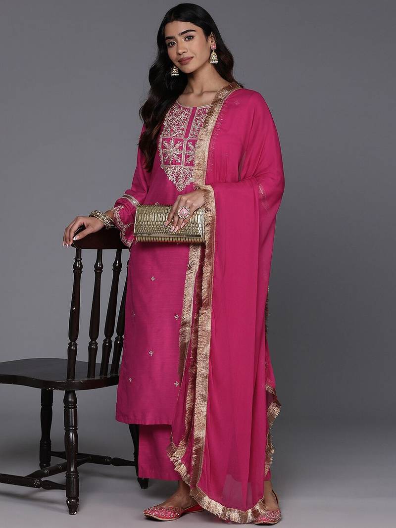 Round Neck Floral Embroidered Regular Straight Kurta with Trousers & With Dupatta