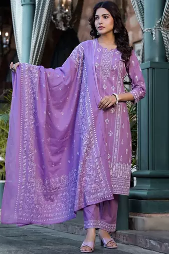 Ethnic Motifs Printed Mirror Work Pure Cotton Kurta With Trouser & Dupatta