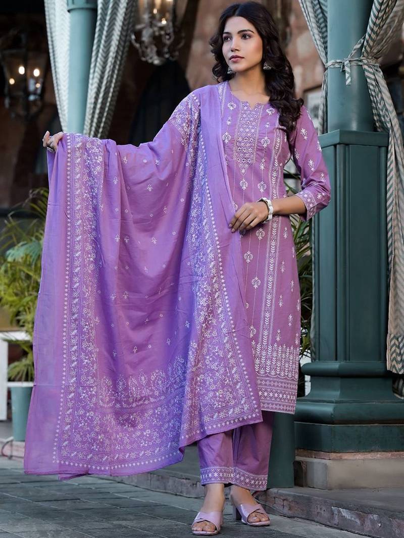 Ethnic Motifs Printed Mirror Work Pure Cotton Kurta With Trouser & Dupatta