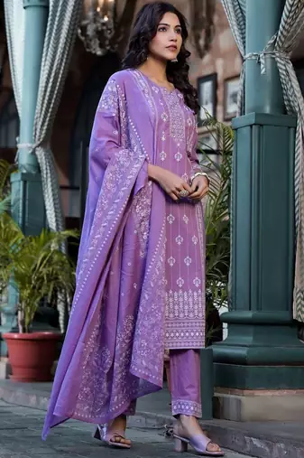 Ethnic Motifs Printed Mirror Work Pure Cotton Kurta With Trouser & Dupatta