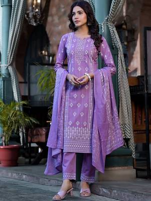 Ethnic Motifs Printed Mirror Work Pure Cotton Kurta With Trouser & Dupatta 4