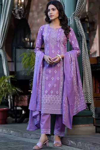 Ethnic Motifs Printed Mirror Work Pure Cotton Kurta With Trouser & Dupatta