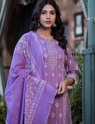 Ethnic Motifs Printed Mirror Work Pure Cotton Kurta With Trouser & Dupatta 6