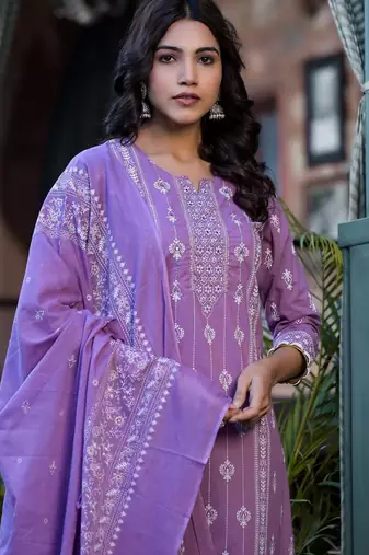 Ethnic Motifs Printed Mirror Work Pure Cotton Kurta With Trouser & Dupatta