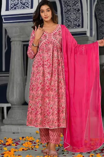 Women Floral Printed Empire Pure Cotton Kurta with Trousers & With Dupatta