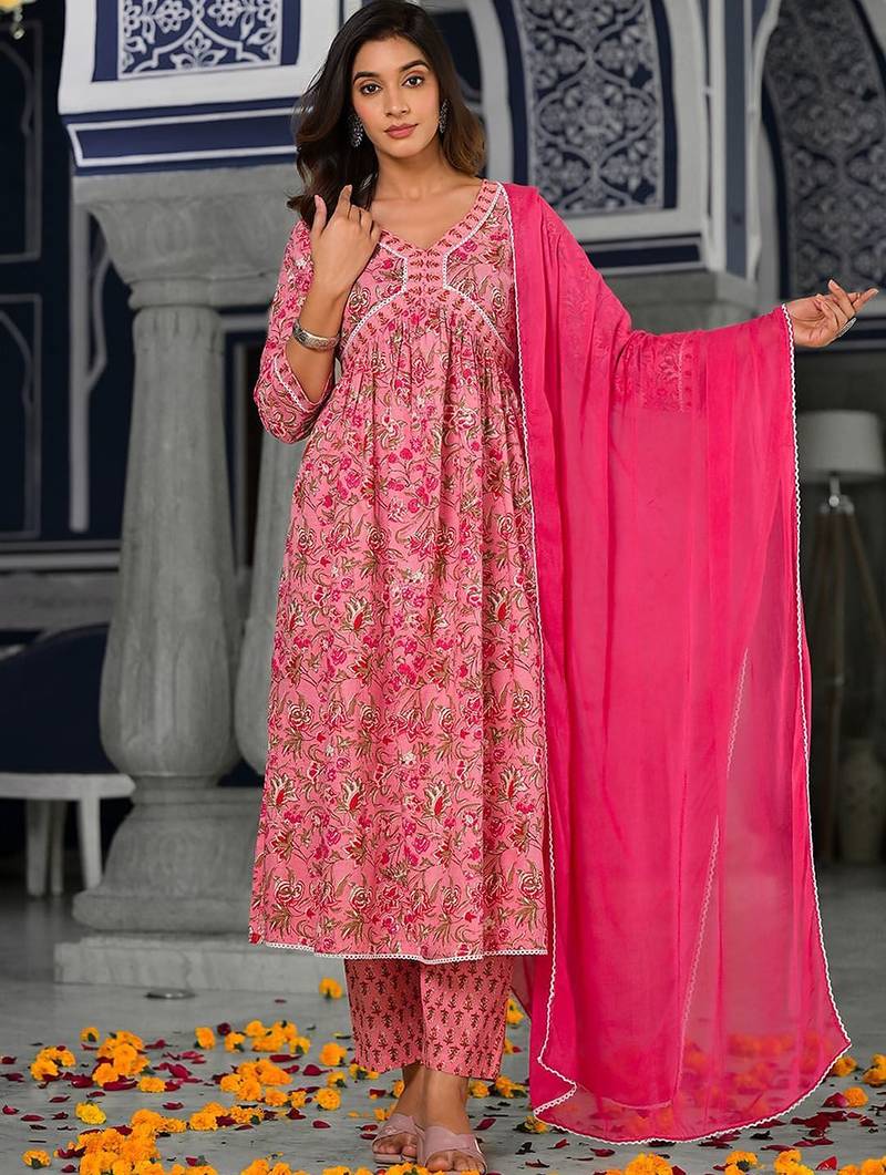 Women Floral Printed Empire Pure Cotton Kurta with Trousers & With Dupatta