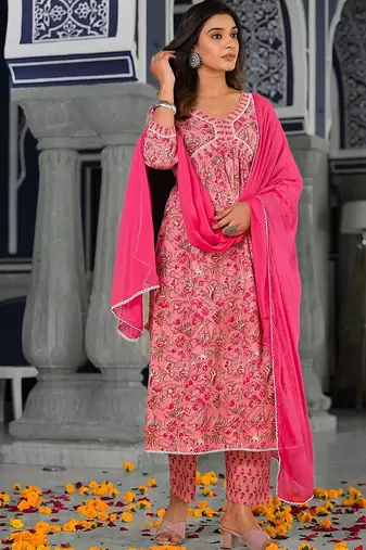 Women Floral Printed Empire Pure Cotton Kurta with Trousers & With Dupatta