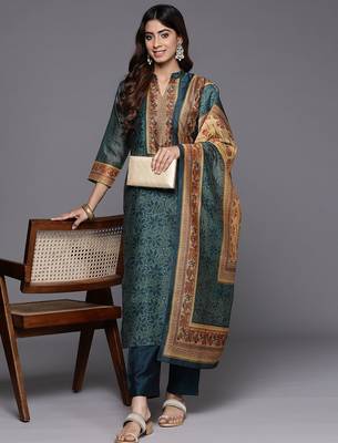 Floral Printed Chanderi Silk Kurta with Trousers & Dupatta 1