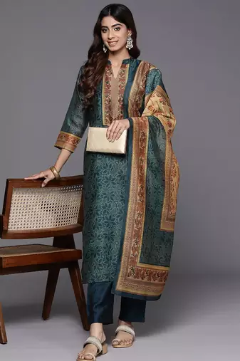 Floral Printed Chanderi Silk Kurta with Trousers & Dupatta