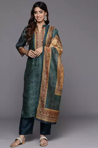 Floral Printed Chanderi Silk Kurta with Trousers & Dupatta