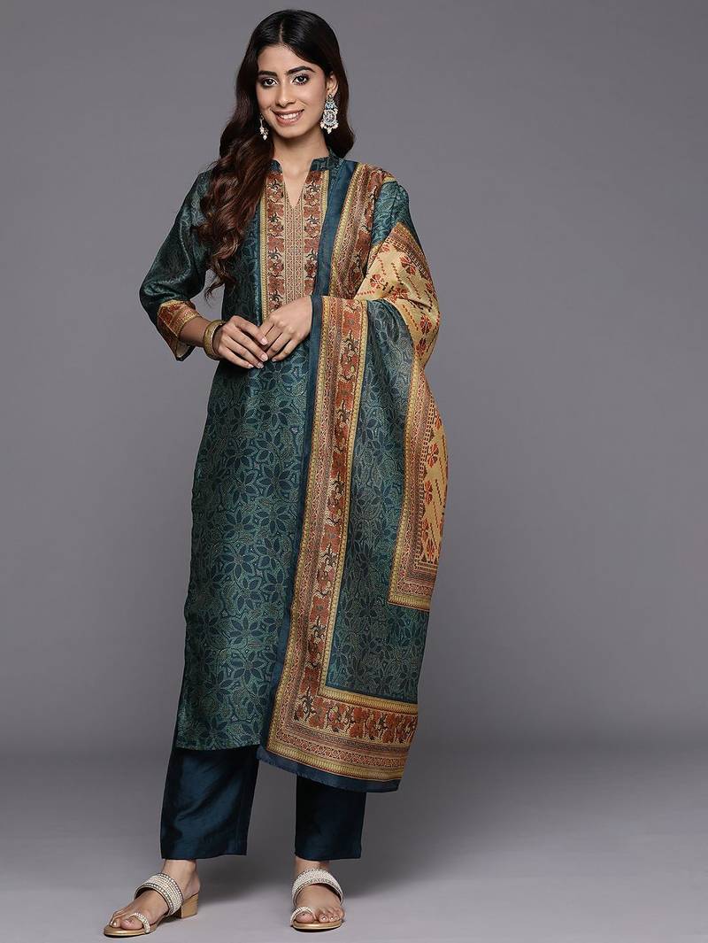 Floral Printed Chanderi Silk Kurta with Trousers & Dupatta