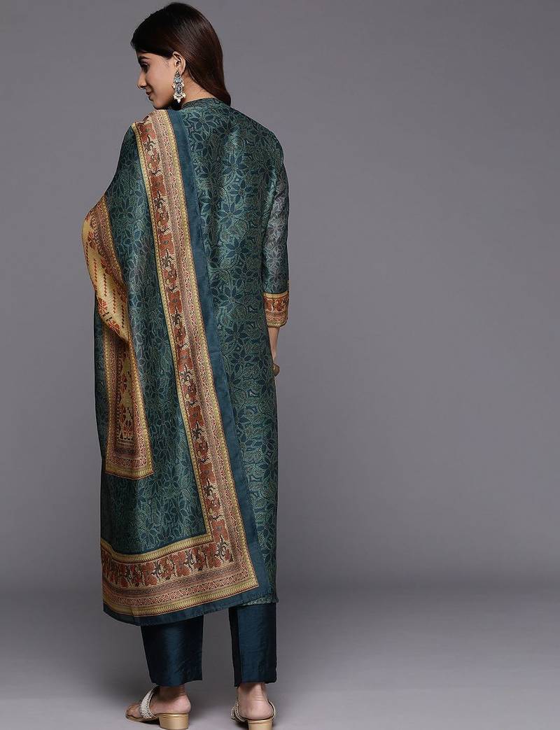 Floral Printed Chanderi Silk Kurta with Trousers & Dupatta