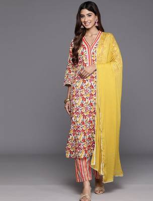 Women Floral Printed Regular Pure Cotton Kurta with Trousers & With Dupatta 5