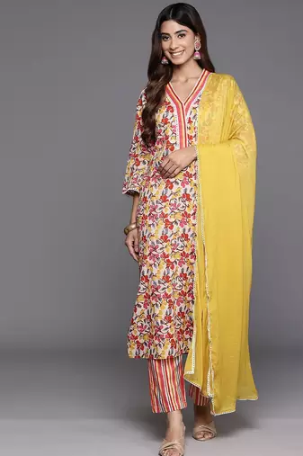 Women Floral Printed Regular Pure Cotton Kurta with Trousers & With Dupatta