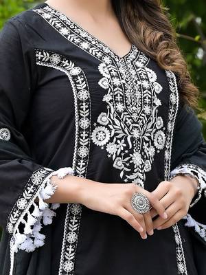 Ethnic Motifs Embroidered Thread Work Pure Cotton Kurta With Trousers & Dupatta 2