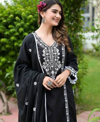 Ethnic Motifs Embroidered Thread Work Pure Cotton Kurta With Trousers & Dupatta 6