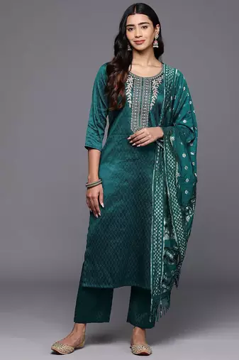 Women Ethnic Motifs Embroidered Straight Kurta with Trousers & With Dupatta