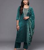 Women Ethnic Motifs Embroidered Straight Kurta with Trousers & With Dupatta
