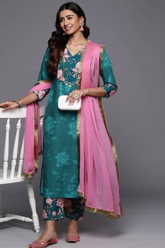 Floral Printed Regular Kurta with Trousers & Dupatta