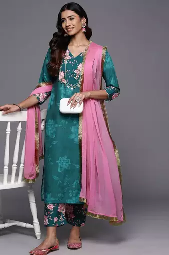 Floral Printed Regular Kurta with Trousers & Dupatta