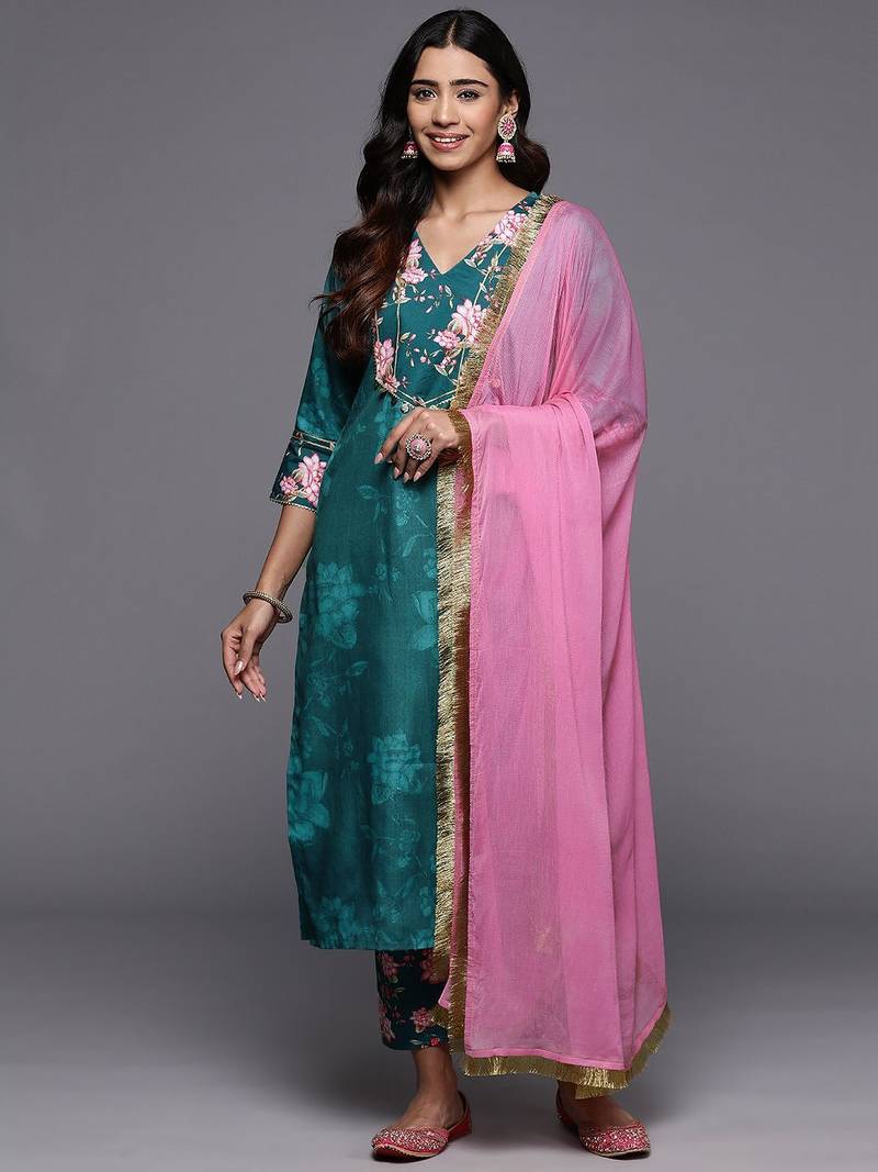 Floral Printed Regular Kurta with Trousers & Dupatta