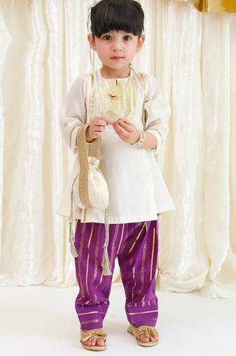 Off white purple embroidered viscose kurti set