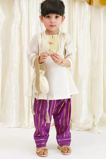 Off white purple embroidered viscose kurti set