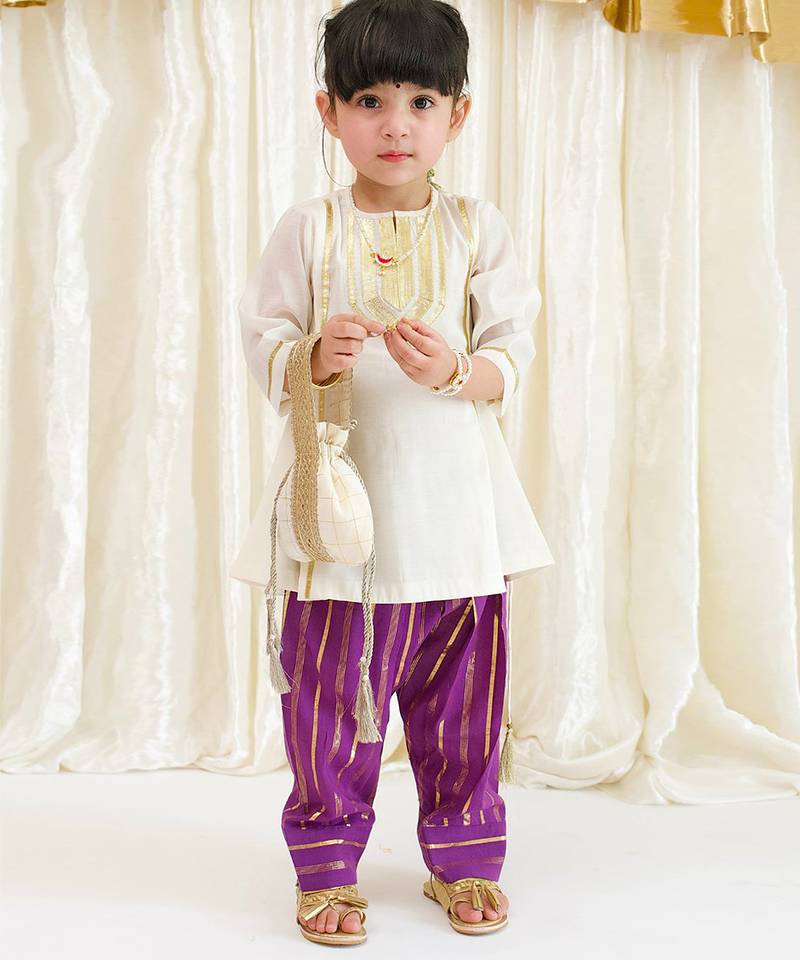 Off white purple embroidered viscose kurti set