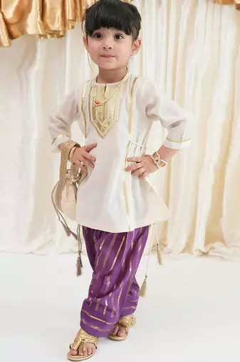 Off white purple embroidered viscose kurti set