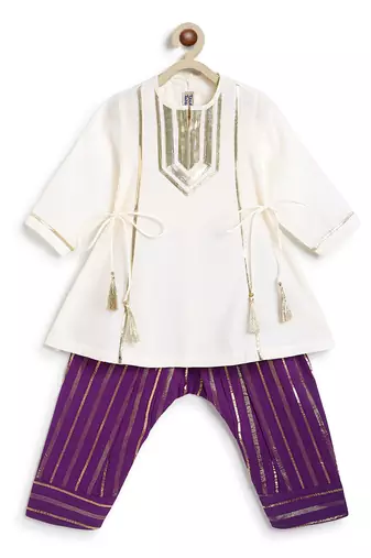 Off white purple embroidered viscose kurti set