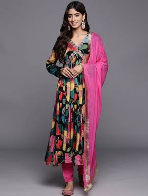 Women Floral Print Empire Mirror Work Pure Silk Kurta with Trousers & Dupatta 1