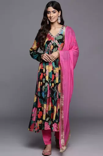 Women Floral Print Empire Mirror Work Pure Silk Kurta with Trousers & Dupatta