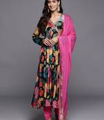 Women Floral Print Empire Mirror Work Pure Silk Kurta with Trousers & Dupatta