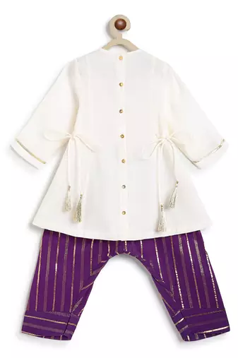 Off white purple embroidered viscose kurti set