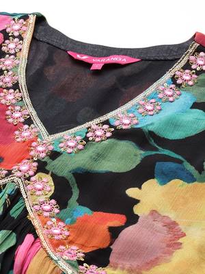 Women Floral Print Empire Mirror Work Pure Silk Kurta with Trousers & Dupatta 2