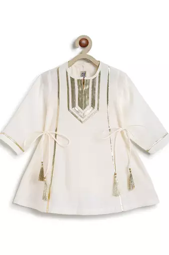 Off white purple embroidered viscose kurti set