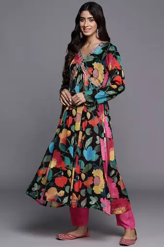 Women Floral Print Empire Mirror Work Pure Silk Kurta with Trousers & Dupatta