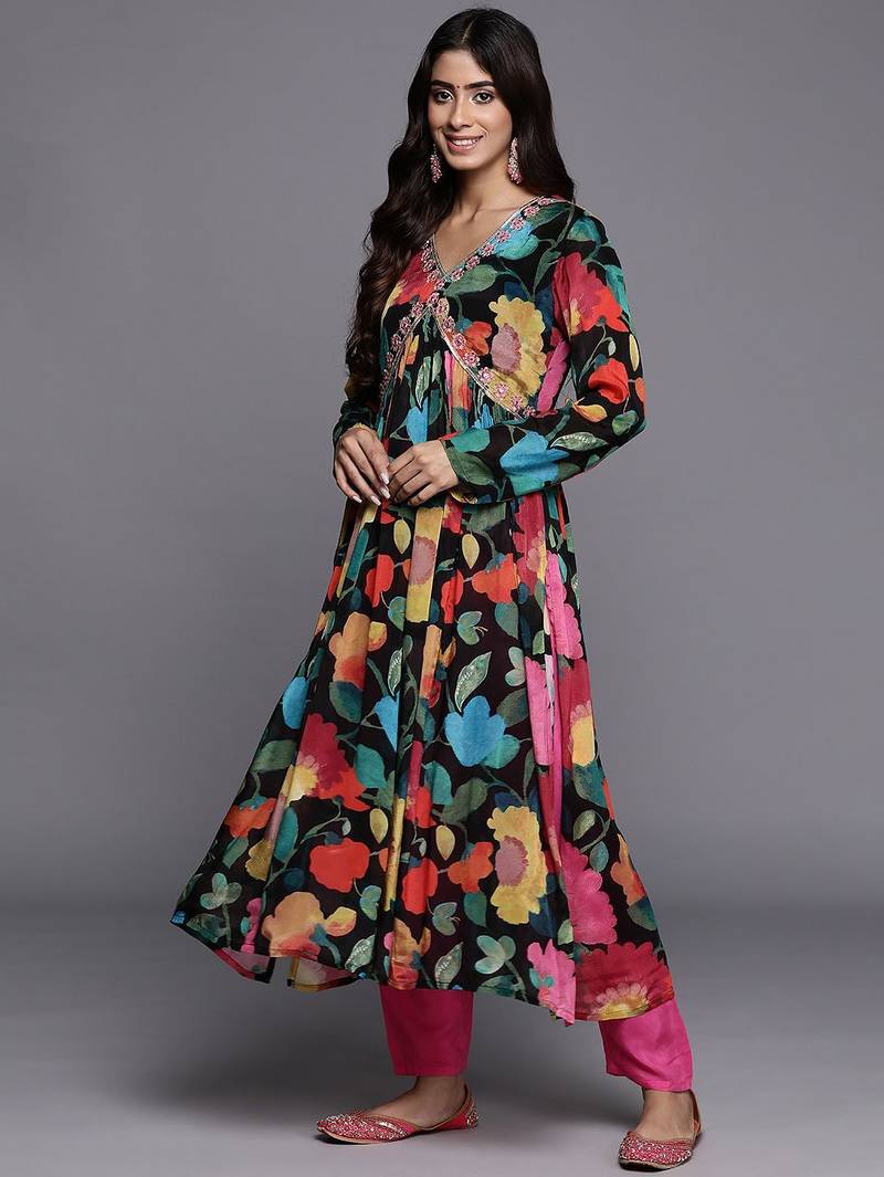 Women Floral Print Empire Mirror Work Pure Silk Kurta with Trousers & Dupatta