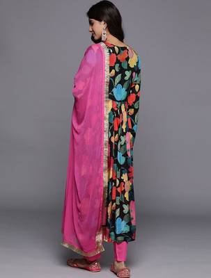 Women Floral Print Empire Mirror Work Pure Silk Kurta with Trousers & Dupatta 6