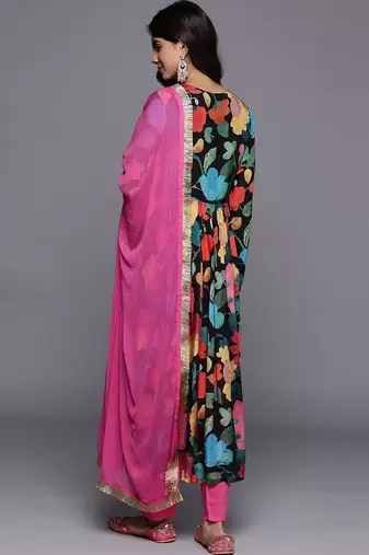 Women Floral Print Empire Mirror Work Pure Silk Kurta with Trousers & Dupatta