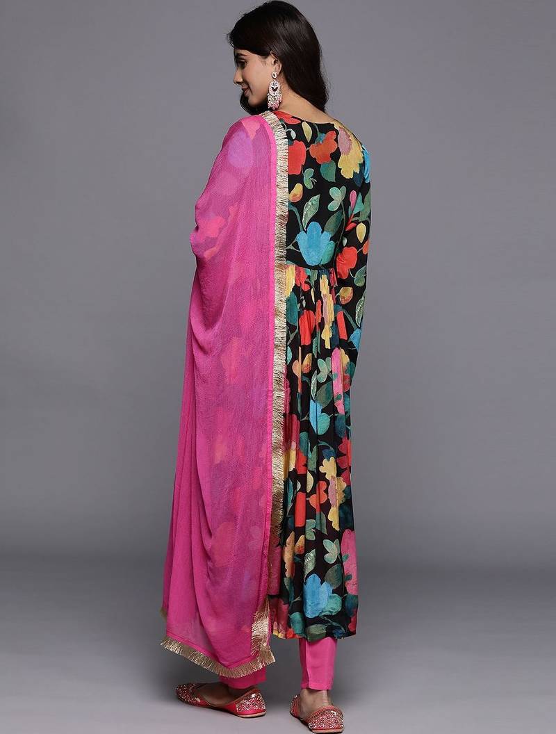 Women Floral Print Empire Mirror Work Pure Silk Kurta with Trousers & Dupatta