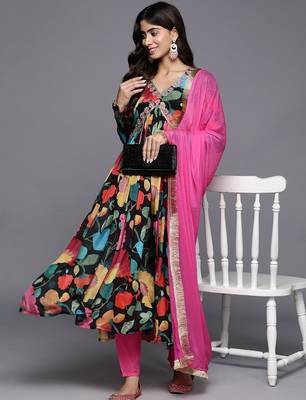 Women Floral Print Empire Mirror Work Pure Silk Kurta with Trousers & Dupatta 7