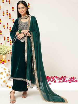 Teal Green Ethnic Motifs Yoke Design Zari Velvet Kurta With Trousers & Dupatta 1