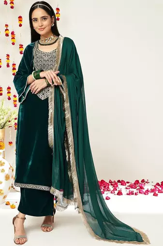 Teal Green Ethnic Motifs Yoke Design Zari Velvet Kurta With Trousers & Dupatta