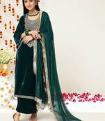 Teal Green Ethnic Motifs Yoke Design Zari Velvet Kurta With Trousers & Dupatta