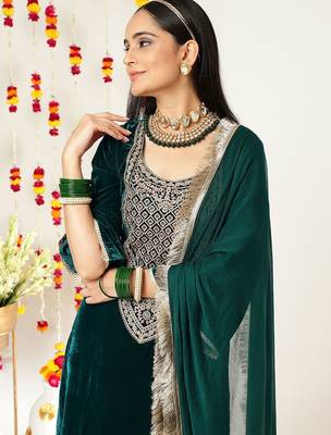 Teal Green Ethnic Motifs Yoke Design Zari Velvet Kurta With Trousers & Dupatta 2
